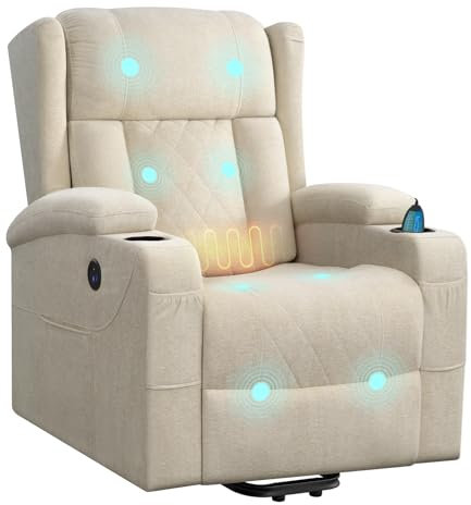 WOLTU Fauteuil Relax Électrique, Fauteuil Massant, Aide à la Verticalisation, Massage, Chauffage, Repose-Pieds, Poches, Porte-gobelet, Port USB, Tissu Éponge, Beige, SKS61be