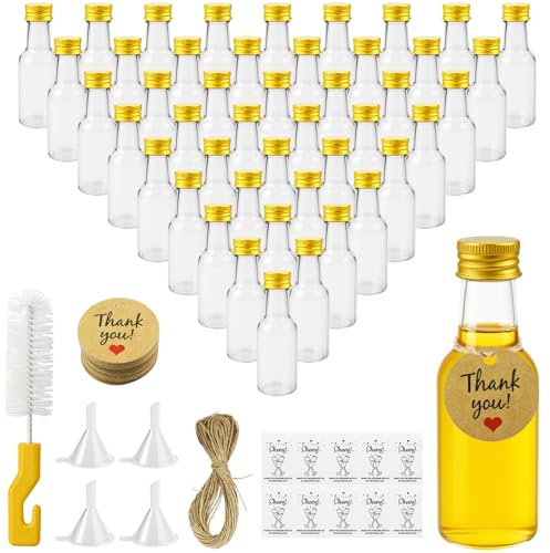 Nadisean 46 Pack Miniature Alcohol Bottles 25ml/0.85oz, Empty Mini Alcohol Bottles, Reusable Mini Plastic Bottle with Screw Caps, Funnel, Cleaning Brush, Hangtag, Stickers for Weddings Parties