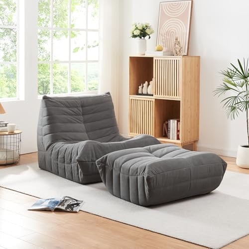 [en.casa] Bodensessel mit Fußhocker Kodsø Cord Grau Bodenstuhl mit Rückenlehne und Sitzhocker Lesesessel mit Pouf Bodensofa gepolstert Sitzsack Ottomane 75 x 90 x 100 cm Relaxsessel