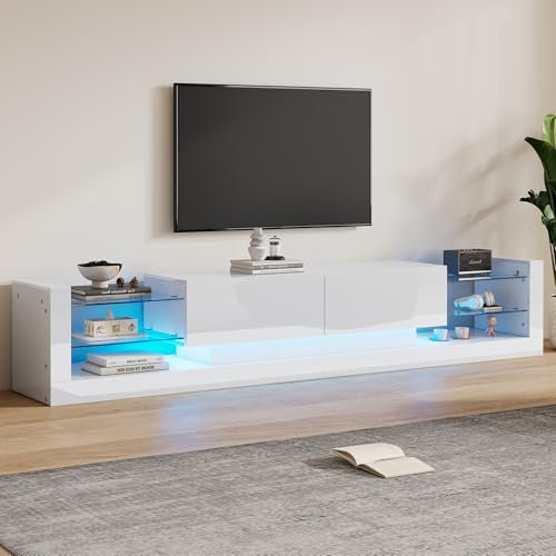 ModernLuxe Open Glass Storage TV Stand Cabinet with LED Lights and 2 Closed Door, High Gloss Panel TV Units for Living Room, for TV up to 75 Inches, Modern Media Entertainment Center, 181x38x38cm