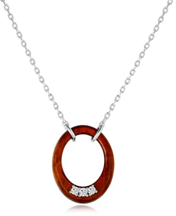 AILIFE Silberne Naturholz-Halskette für Frauen, Weißgold, ovaler Holzanhänger, Zirkonia-Schmuck für Frauen, Boho-Kette für Geschenke