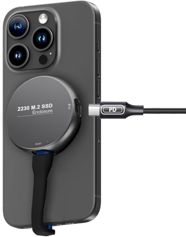 Magnetic M.2 2230 NVME Case for iPhone 15/16 Pro Max ProRes, Portable SSD Enclosure 10Gbps USB C 3.2 Gen2 Type-C to NVMe Adapter, 100W PD Charging, Aluminum Case (Round)