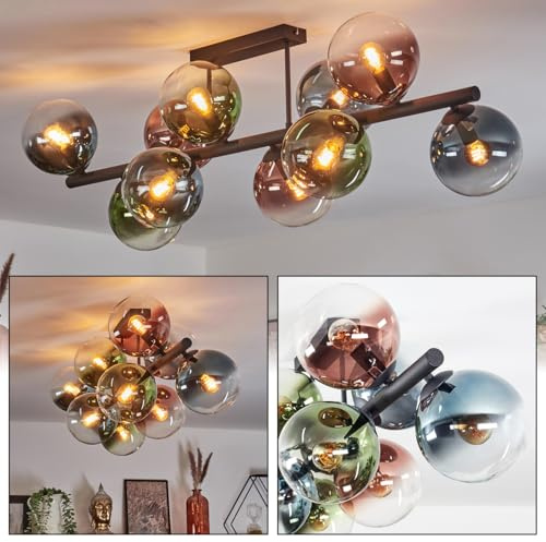 HOFSTEIN Deckenleuchte Gastor, 10-flammige Deckenlampe aus Metall/Glas in Schwarz/Kupfer/Blau/Grün/Klar, Leuchte im Retro/Vintage-Design (Schirme Ø 15 cm), E14, Esszimmer, Wohnzimmer, Schlafzimmer