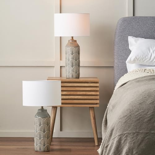 Pacific Lifestyle Bethan Embossed Grey Ceramic Table Lamp Set of 2 | Feather Pattern Scandi Table Lamp Duo | Bedside Table Lamps with Art Deco Arch Pattern