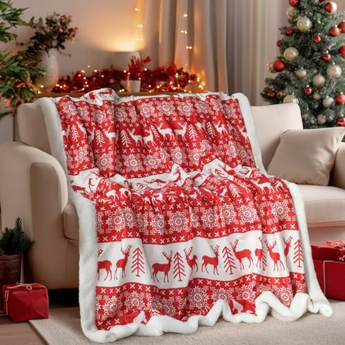 Horaldaily Weihnachten Sherpa Decke werfen, Schneeflocken rote Hirsche gemütliche Fleece-Decken für Bett Sofa Couch Reisen Camping, 60x80 Zoll