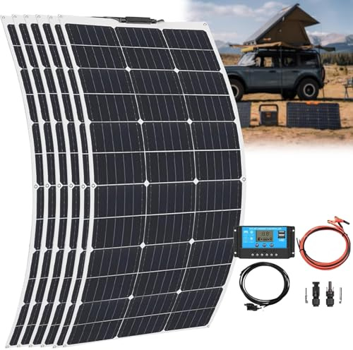 PxkVrin Panneaux PhotovoltaïQues, Panneau Solaire, PhotovoltaïQue Monocristallin 300w, avec ContrôLeur Solaire 40a, pour Camping-Car, Camper, Van, Bateaux Et Autres Surfaces InéGales. 6×200w