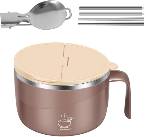 1200ML Rapid Ramen Bowl with Spoon Chopsticks, Stainless Steel Ramen Noodle Bowl with Lid Mobile Phone Holder, Saving Time Keep Food Warm for College Dorm Home Office (Khaki)