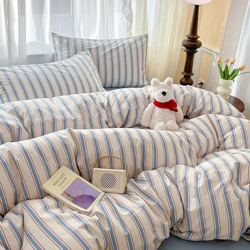 Bettwäsche 135x200 Weiß Blau Gestreift Streifen mit Kissenbezug 80x80cm | Bettwäsche-Set Mädchen Frauen Wendebettwäsche Weiche Mikrofaser ÖKO-TEX Renforce Streifen Bettbezug mit Reißverschluss