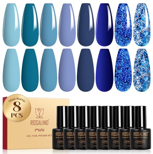 ROSALIND UV Nagellack Blau 8 Farben Himmelblauer Marineblau Dunkelblau | Farbgel Gel Nagellack Blau, Soak Off Mini UV LED Gel Nail Polish für Gelnägel Maniküre Soak Off UV LED Mini