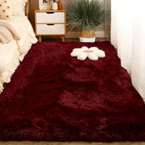 CHENGTT Flauschig Hochflor Teppich 160 x 230 cm Anti Rutsch Extra Flauschige Teppiche Wohnzimmer Waschbar Flauschig Weich Einfarbig Felloptik für Schlafzimmer, Küche, Flur, Weinrot