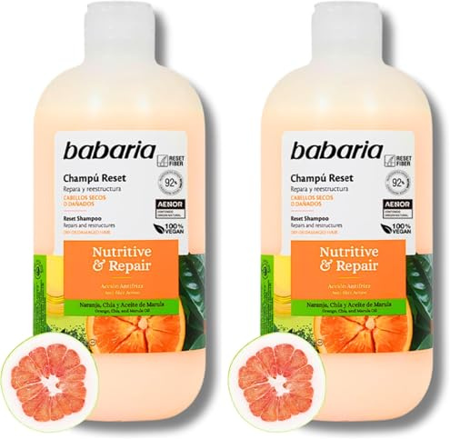 Babaria - Champú Pelo Seco Y Dañado | Shampoo Anticaída Mujer 500ml | Champu Sin Sulfatos Ni Parabenos Con Aloe Vera | Champu Natural Reset Con Naranja (Paquete de 2)