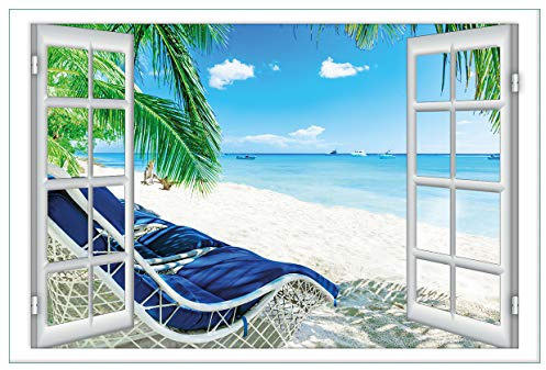 Wallario Küchenrückwand selbstklebend 90 x 60 cm, Motiv: Blick durch EIN Fenster auf den Strand | Spritzschutz abwischbar & pflegeleicht
