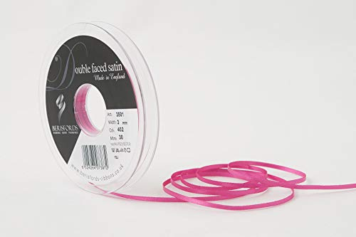 Berisfords Double FACE Poly Satin Ribbon, Fuchsia, 3 mm