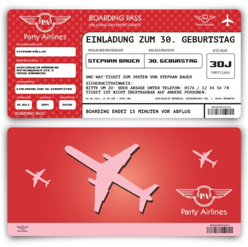 Einladungskarten zum Geburtstag (40 Stück) als Flugticket - Party Ticket Karte Einladung in Rot