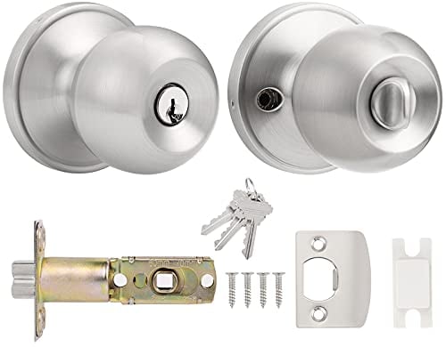 Probrico Entry Door Knob with Key Stainless Steel Exterior Door Knobs Round Security Front Door Lock Set Satin Nickel