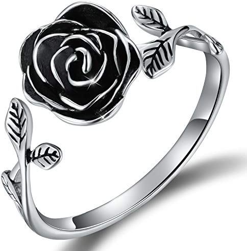 Esberry Bague ouverte en argent sterling S925 en forme de rose 3D réglable pour femmes et filles, Argent sterling, Zircone cubique