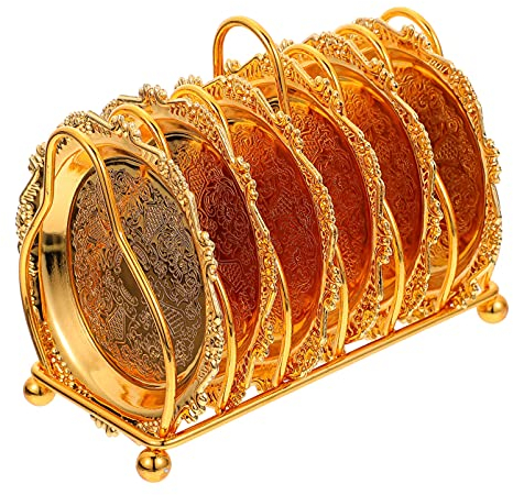 NUOBESTY 6pcs Gold Food Plates Fruit Dessert Snack Serving Dishes Party Luxury Food Dish Metal Food Tray with Storage Rack for Appetizer Candy Party Treat Golden