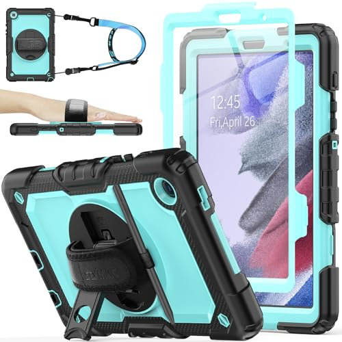 SEYMAC stock Funda para Samsung Galaxy Tab A7 Lite 2021 8.7, Funda Resistente Galaxy Tab A7 Lite con Protector de Pantalla Portalápices [Soporte Giratorio 360] Correa de Mano & Bandolera (Azul Claro)