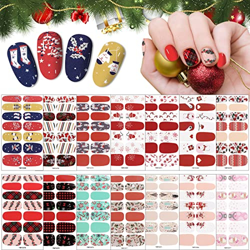 EBANKU 14 Sheets Christmas Nail Wraps Stickers, Self-Adhesive Snowflake Elk Snowman Art Decals Strips With 1 Nail File for Women Girls Xmas Decoration