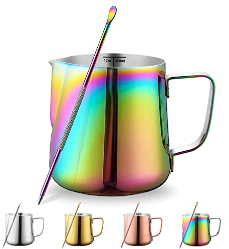 Milk Jug 12oz 350ml, Kyraton Stainless Steel Espresso Steaming Pitchers with Decorating Pen, Milk Frother Jug Cappuccino Latte Art Barista Steam Pitchers Milk Jug Cup (Rainbow)