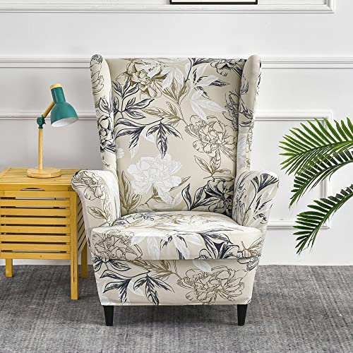 Highdi 2-Teilig Ohrensessel Bezug Sesselbezug Sesselüberwürfe Ohrensessel Überzug Elegant Blumen Stretch Sesselhusse mit Armlehne für Ohrensessel, Relaxsessel, Fernsehsessel (beige Jahrgang)
