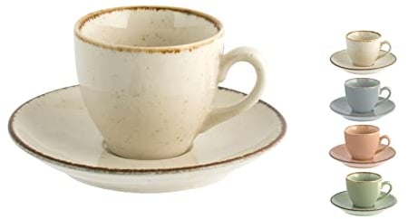 H&H Set 4 Tazze da Caffè Collezione Pearl, in Porcellana, Colori Assortiti – 2 Beige, 1 Verde, 1 Azzurro – Capacità 90 cc, Design Elegante