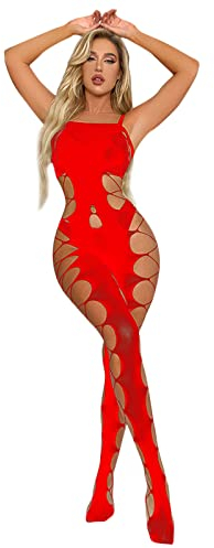 Dessous Aus Lack Frauen Sexy Dessous Nachtwäsche Nachtwäsche Body Stocking Fischnetz Bodysuit Sissy Sheer Babydoll Dessous Korsage Schwarz (Red-C, One Size)