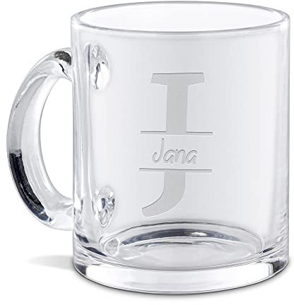 PR Print Royal Personalisierte Glastasse graviert mit Ihrem Anfangsbuchstaben J und Namen - Namenstasse graviert, Geschenkidee, Geburtstagsgeschenk | Lasergravur, Runde Schrift, 300ml