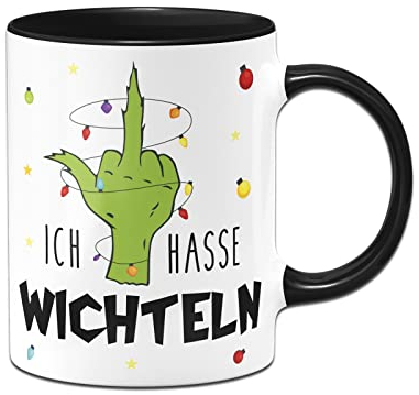Tassenbrennerei Grinch Tasse - Ich hasse Wichteln - Hand mit Lichterkette - Weihnachtstasse als Geschenk, Wichtelgeschenk zum wichteln - Schrottwichteln (Schwarz)
