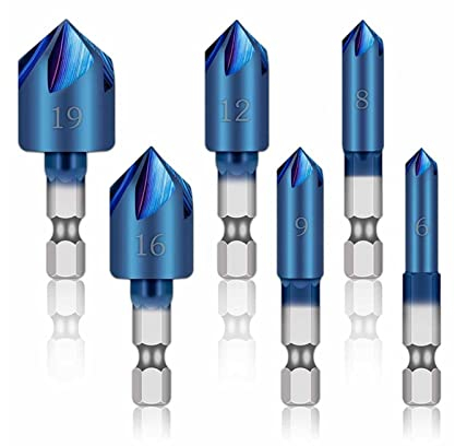 TMPTY 6pcs Countersink Drill Bit Set, HSS Hex Shank, 90 Degree 5 Flute, Chamfer Cutter Drill Bits, Quick Change Bit, for Wood, Metal, Steel, Plastic (6mm-19mm)