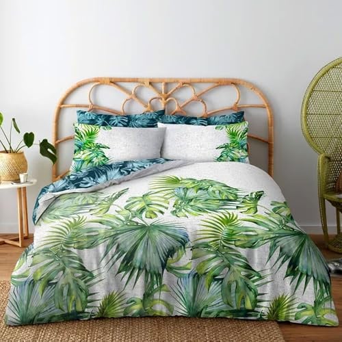 Lions Tropical Leaves Bedding Set - 3 Piece Double Duvet Cover Set with Pillowcase, Poly Cotton Reversible Leaf Printed Quilt Covers, Palm Tree Plants Bed Sets, White Green