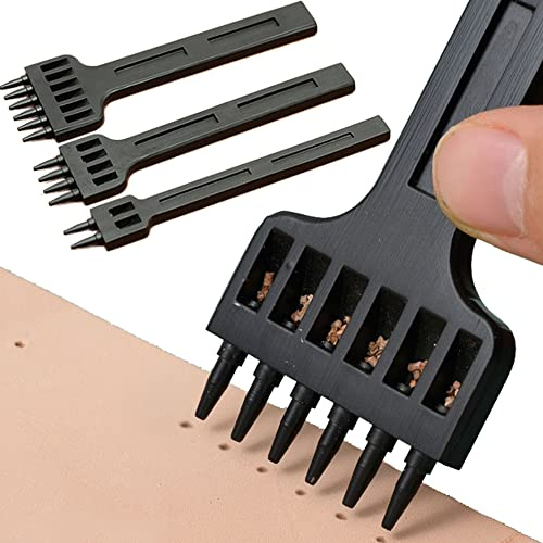 DXIA 3 Stück Zinken Stanze, Lederverarbeitung Set 5mm 2/4/6,DIY Edelstahl Flach Meißel,Prong Leder Stanzen Loch Werkzeug,DIY Metall Diamant Schnürung Leder Handwerk Locher Stanzen Werkzeug Nähen