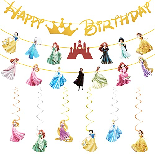 GZ Banner Cartoon Prinzessin Geburtstagsdekoration, 9 teilige Prinzessinnen Girlande und hängende Dekoration, Happy Birthday Banner Dekorationen, Prinzessinnen Themen Geburtstagsfeier Dekoration