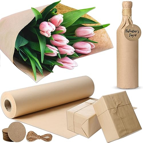 Cieex 30cm x 30m Papierrolle, Recyclingpapier Braunes Kraftpapier mit 30pcs Etiketten & 10m Schnur, Packpapier Geschenkpapier ideal für kverpackungen, Paketverpackungen, Kunst und Handwerk