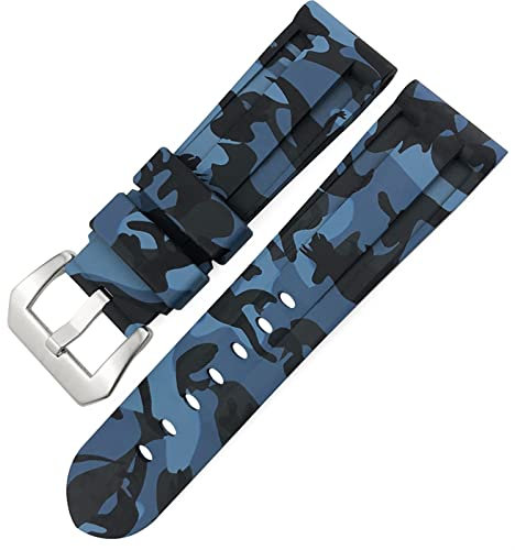 Correa de Reloj de Goma con Cierre de Mariposa 24 mm 26 mm para Panerai LUMINOR Correa de Reloj Deportiva de Silicona Colorida Sumergible (Color : Camo Blue Silver 1, Size : 24mm)