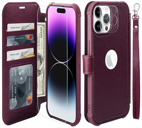 VANAVAGY iPhone 15 Pro Max Wallet Case, Leather Flip Folio Shockproof Phone Cover [Screen Protector Included][Support Wireless Charging][Wrist Strap] with RFID Blocking Card Holder, Burgundy