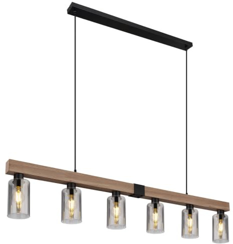Hängelampe Pendelleuchte Holzoptik Esstischlampe 6 flammig Wohnzimmer, Rauchglas Metall schwarz, 6x E27, LxH 140x120 cm