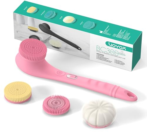 VOYOR 4 en 1 Brosse Dos Douche Électrique Brosse pour le Dos Brosse Dos Douche Long Manche poils naturels pour Femme Homme Brosse Exfoliante Corps, lave dos, Massage Rechargeable Sans Fil (Rose)