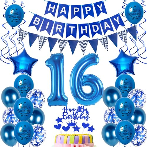 Luftballons 16 Geburtstag Dekoration Junge Ballon Deko 16. Geburtstag Junge blau Geburtstagsdeko 16 jahre Junge Geburtstag Tortendeko 16.geburtstag Junge birthday Banner Party Deko 16 Geburtstag
