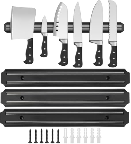 3 Pieces Porte Couteaux Aimanté Cuisine, 33cm Barre à Couteaux Aimantée avec 6 Vis, Porte Couteau Fixation Mural, Magnétique Couteaux en Acier Inoxydable, Range Couteaux Noire pour Couteaux de Cuisine