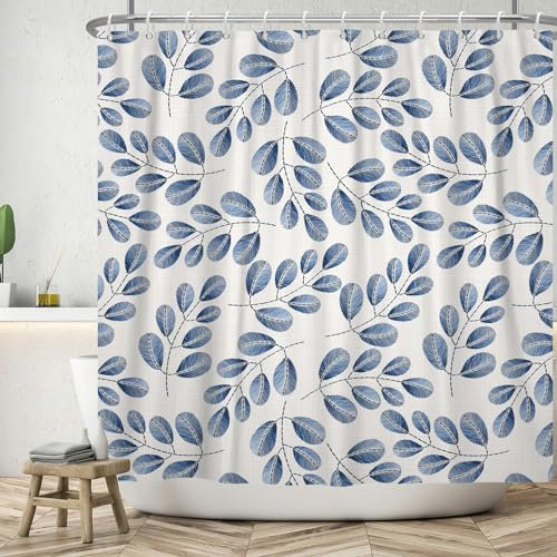 ASDCXZ Blätter Duschvorhang 180x180 cm, Frühling Einfachheit Blau Blätter Grey Bad Waschbar Duschvorhänge Polyester Textil Wasserdicht Badevorhang für Badewanne mit 12 Haken