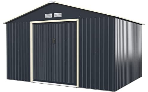 HOMASIS Casetta da Giardino in Metallo, Casetta Porta Attrezzi da Giardino con 2 Finestre di Ventilazione e 2 Porte Scorrevoli, Capanno da Giardino con Tetto a Falde, Grigio, 340 x 255 x 210cm