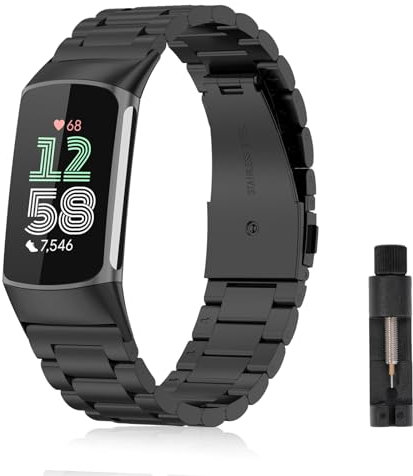 Niboow Armband Kompatibel mit Fitbit Charge 6/Charge 5, Männer und Frauen Edelstahl Metall Uhrenarmband, Atmungsaktiv Ersatzband Armbänder Kompatibel mit Fitbit Charge 6/Charge 5 - Schwarz