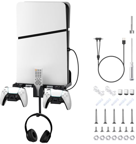 Aceshop Wandhalterung PS5 Slim,Wandhalterung Set für Playstation 5 Slim (Disc&digitale) PS5 Halterung Wand mit 2-in-1-Magnetladekabel Wandhalterung für PS5 Controller mit Kopfhörer-Aufhänger (Schwarz)