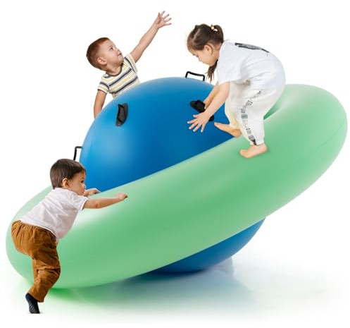 COSTWAY 88'' Inflatable Dome Climbing Rocker, Kids Teeter Totter Seesaw with 6 Handles, Blow Up Giant Rocking Bouncer Ball for Indoor Outdoor (Green+Blue)