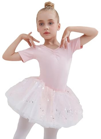 Girls Ballet Tutu Dress Kids Sparkly Ballet Leotard Short Sleeve Ballet Outfit Gymnastics Dance Leotard with Shiny Tutu Skirt Pink