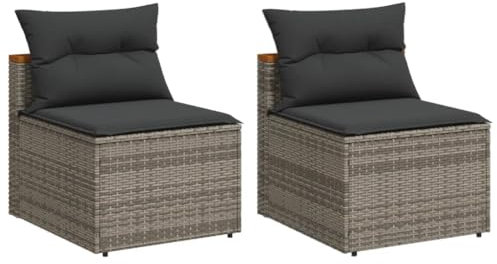 vidaXL Gartensofas 2 STK., Gartensofa ohne Armlehnen mit Kissen, Modular Sofa Stahlrahmen, Gartenmöbel Rattanmöbel, Grau Poly Rattan