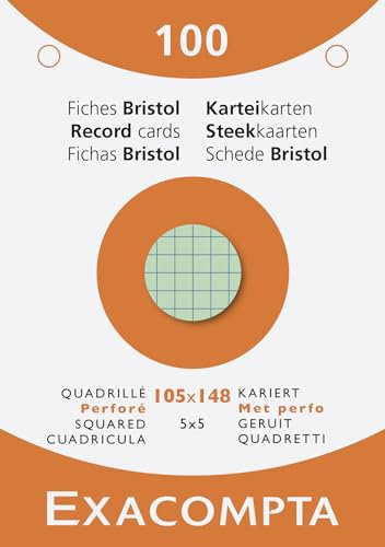 Exacompta 13659E Karteikarten, kariert, 5 x 5, gelocht, 105 x 148 mm, für Tintenstrahldrucker, Laser- und Kopierer, verschiedene Farben, 10 Packungen à 100 Stück