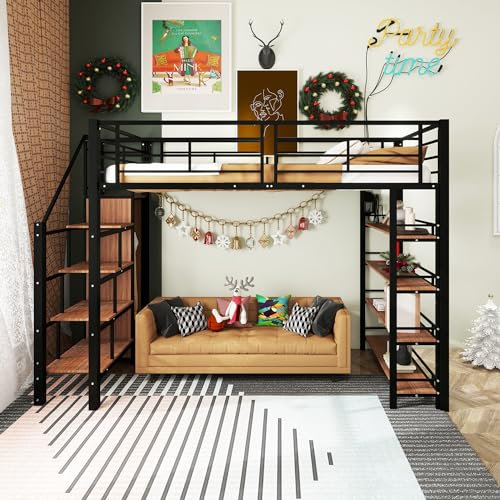NNJN Cama alta con escalera de seguridad, espacio de almacenamiento y armario pequeño, estantes, diseño de valla alta, cama individual, cama juvenil (negro, 90 x 200 cm)