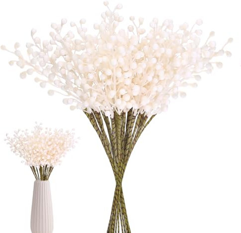 Megoogo Confezione da 16 steli artificiali di bacche bianche agrifoglio per decorazioni per albero di Natale, per artigianato, vacanze e decorazioni per la casa